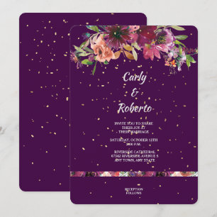 Convite Casamento Dourado de Confetti Floral Vívido Roxo P