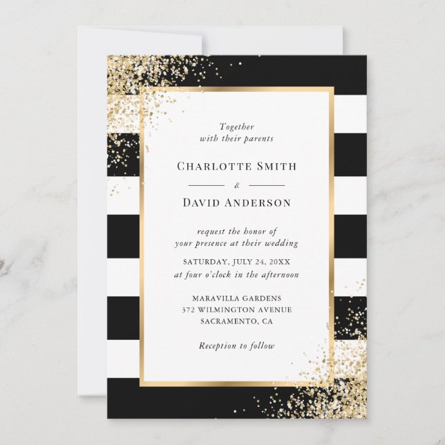 Convite Casamento Dourado de Confetti Frame Black White St (Frente)