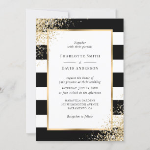 Convite Casamento Dourado de Confetti Frame Black White St
