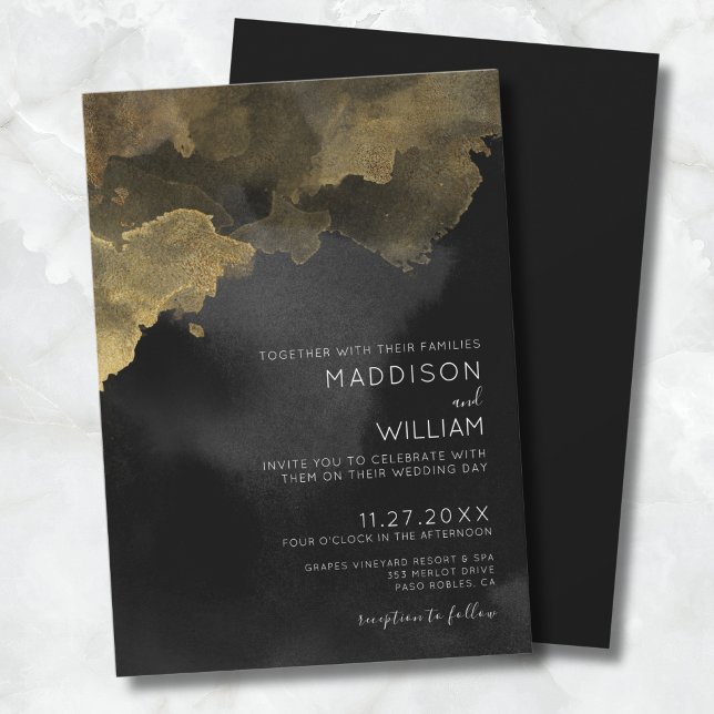 Convite Casamento Dourado de Cor de Água Moderna (Modern Watercolor Black Gold Wedding Invitation)