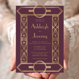 Convite Casamento Dourado de Deco Frame Burgundy