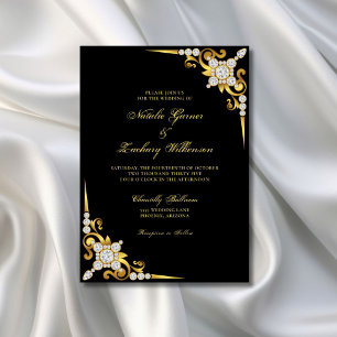Convite Casamento Dourado de Diamante Negro Elegante