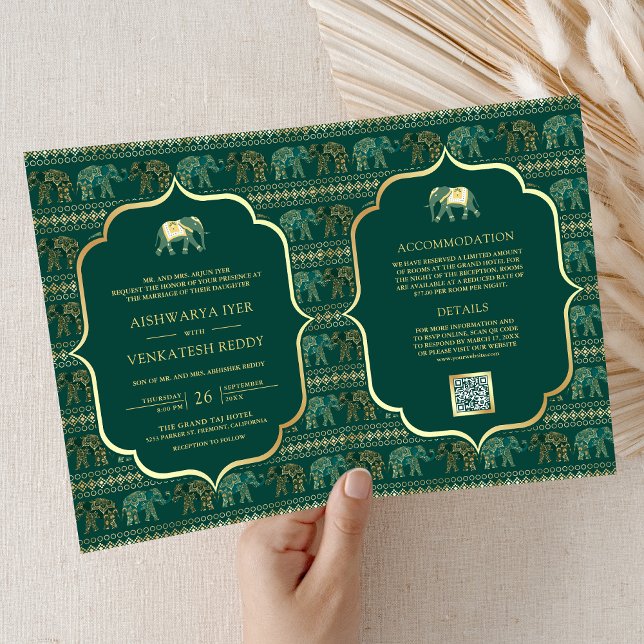 Convite Casamento Dourado de Elefante Emerald Green (Criador carregado)