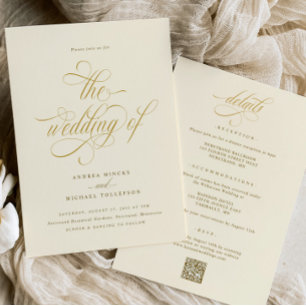 Convite Casamento Dourado de Elegante Tudo em Um Casamento