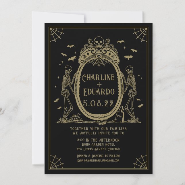 Convite Casamento Dourado de Esqueleto com Hallowedding Gó (Frente)