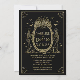 Convite Casamento Dourado de Esqueleto com Hallowedding Gó