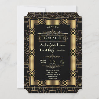 Convite Casamento Dourado de Estilo de Deco de Arte Negra