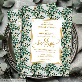 Convite Casamento Dourado de Eucalyptus, Caçador Verde