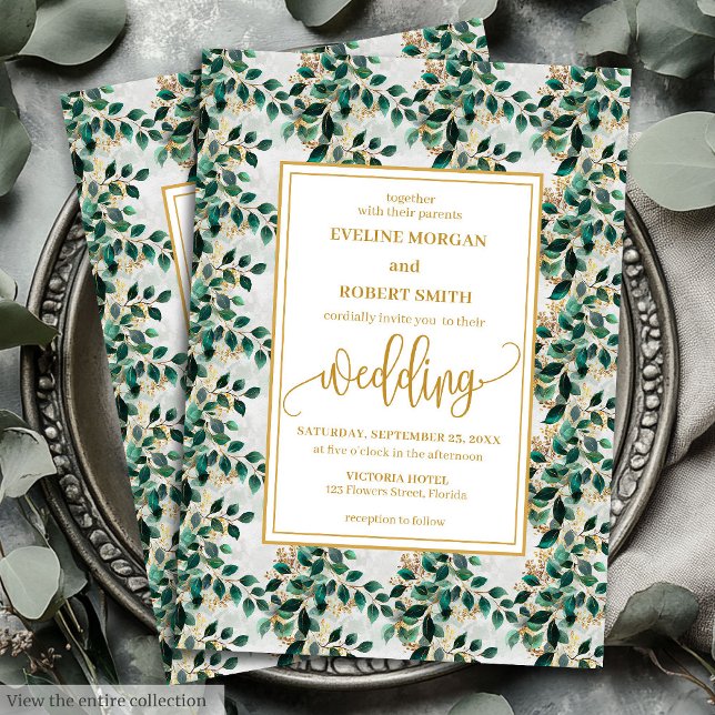Convite Casamento Dourado de Eucalyptus, Caçador Verde (Charming Hunter Green Gold Eucalyptus Wedding Invitation)
