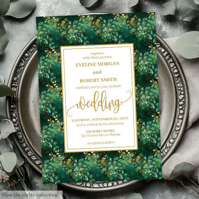 Convite Casamento Dourado de Eucalyptus Clássico Hunter Ve (Classic Hunter Green Gold Eucalyptus Wedding Invitation)