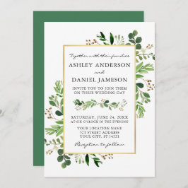 Convite Casamento Dourado de Eucalyptus com Aquarela Verde