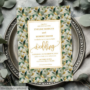 Convite Casamento Dourado de Eucalyptus com Floresta Cláss