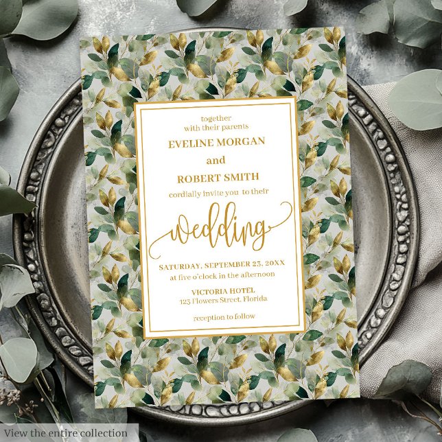 Convite Casamento Dourado de Eucalyptus com Floresta Cláss (Classic Boho Forest Green Gold Eucalyptus Wedding Invitation)