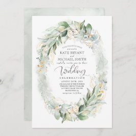 Convite Casamento Dourado de Eucalyptus Greenery Wreath