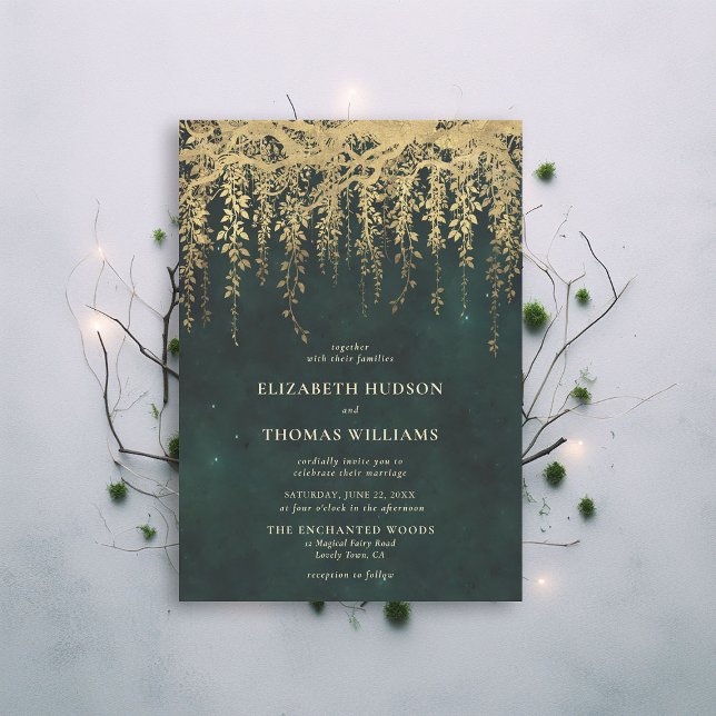 Convite Casamento Dourado de Fada de Floresta Encantada (enchanted forest gold vines wedding invitation magical fairy garden gold emerald elegant formal chic)