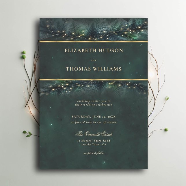 Convite Casamento Dourado de Fairytale da Floresta Encanta (enchanted forest wedding invitation emerald gold frame garland typography modern classic)