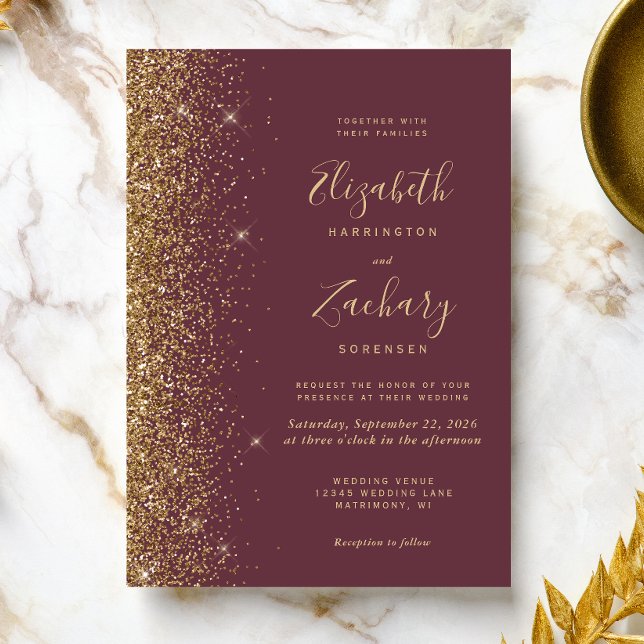 Convite Casamento Dourado de Faux Glitter Moderno Dark Bur (The perfect choice for a burgundy and gold themed wedding.)