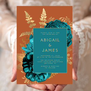 Convite Casamento Dourado de ferrugem de azul-lacrimogênio
