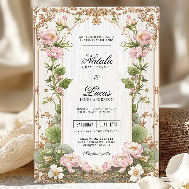 Convite Casamento Dourado de Flor de Lotus , Blush Elegant (Criador carregado)