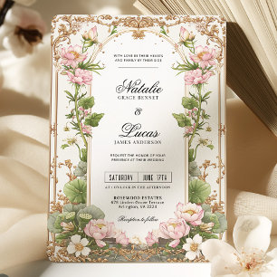 Convite Casamento Dourado de Flor de Lotus , Blush Elegant