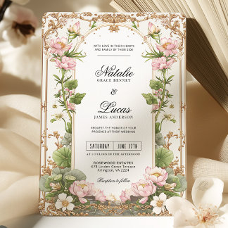 Convite Casamento Dourado de Flor de Lotus , Blush Elegant