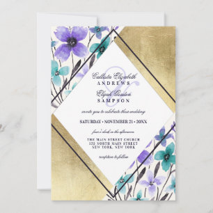 Convite Casamento Dourado de Flor Preta de Teal Preto com