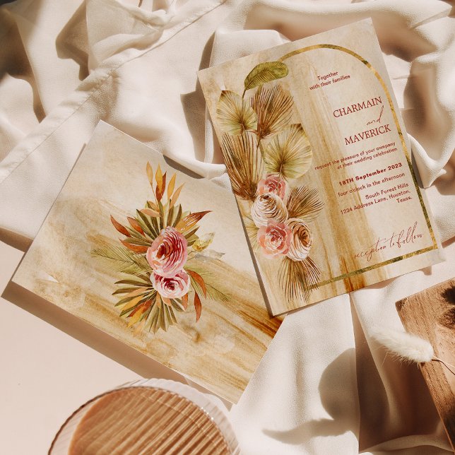 Convite Casamento Dourado De Flor Seco  Da Boêmia Arrancad (Criador carregado)