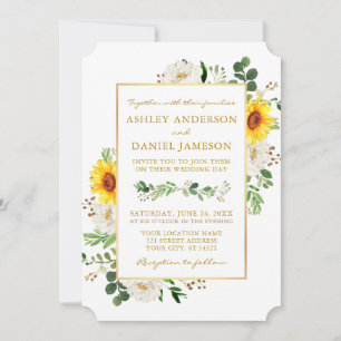 Convite Casamento Dourado de Floral Branco Girassol