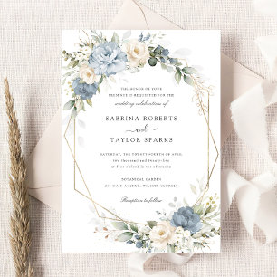 Convite Casamento Dourado de Floral Dusty Blue Greenery Wh