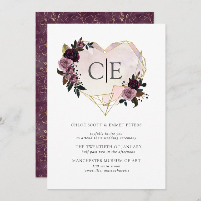 Convite Casamento Dourado de Floral Púrpura, Rosa-Coloraçã (Frente/Verso)