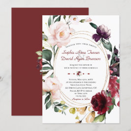 Convite Casamento Dourado de Flores de Plum Burgundy Elega