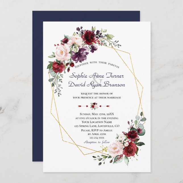 Convite Casamento Dourado de Flores de Plúpia de Luxo Burg (Frente/Verso)