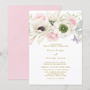 Convite Casamento Dourado de Flores Pink Anêmonas Flores