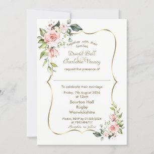 Convite Casamento Dourado de Flores Rosa-Rosa-Blush de Aqu