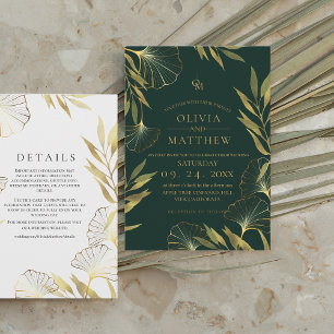 Convite Casamento Dourado de Folha de Luxo Emerald Green