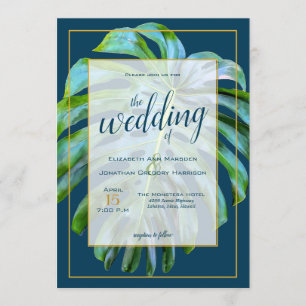 Convite Casamento Dourado de Folha de Monstera Tropical