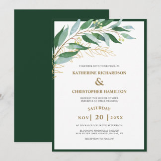 Convite Casamento Dourado de Folhagem Elegante Floresta Ve
