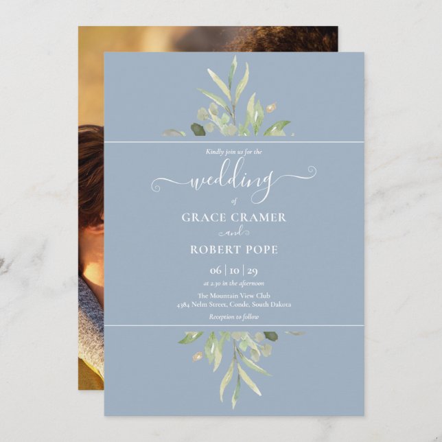 Convite Casamento Dourado de Foto com Dusty Blue Greenery (Frente/Verso)