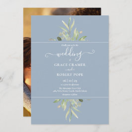 Convite Casamento Dourado de Foto com Dusty Blue Greenery