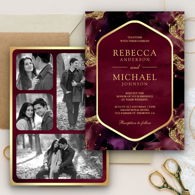 Convite Casamento Dourado de Foto de Ink Fluid Abstrato (Criador carregado)