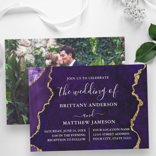 Convite Casamento Dourado de Foto em Marble Purple Waterco (Customize to change text size or text style.)