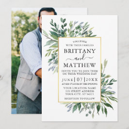 Convite Casamento Dourado de Foto em Verde Delicado
