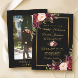 Convite Casamento Dourado de Foto Floral Black Elegante Bu<br><div class="desc">Cartão de Convite para Casamento Dourado e Preto Floral Burgundy - Cor d'água Elegante - Foto para trás</div>
