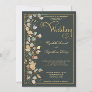 Convite Casamento Dourado de Foto Monograma Verde Oleícol