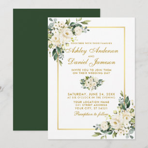 Convite Casamento Dourado de Foto Verde Floral Branco e Br