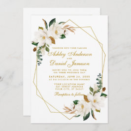 Convite Casamento Dourado de Foto Watercolor Magnolias Gre
