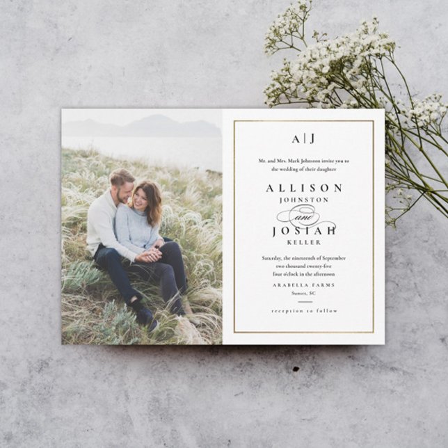 Convite Casamento Dourado de Fotografias do Monograma Eleg (Criador carregado)