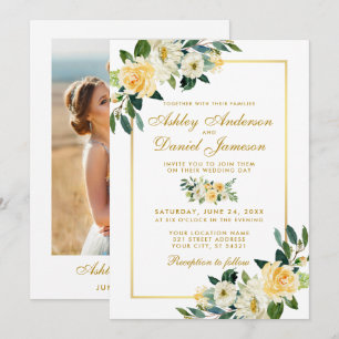 Convite Casamento Dourado de Fotos Branco Amarelo Floral