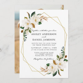 Convite Casamento Dourado de Fotos com Magnolias Brancas d