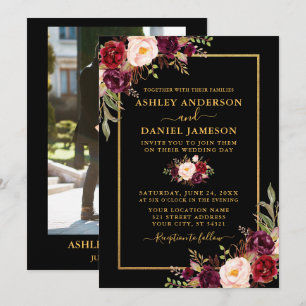 Convite Casamento Dourado de Fotos com Preto Floral Modern